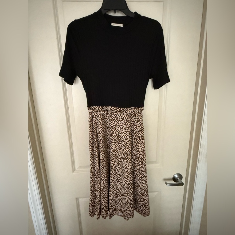 Black and Leopard Print Dress with Button Accents